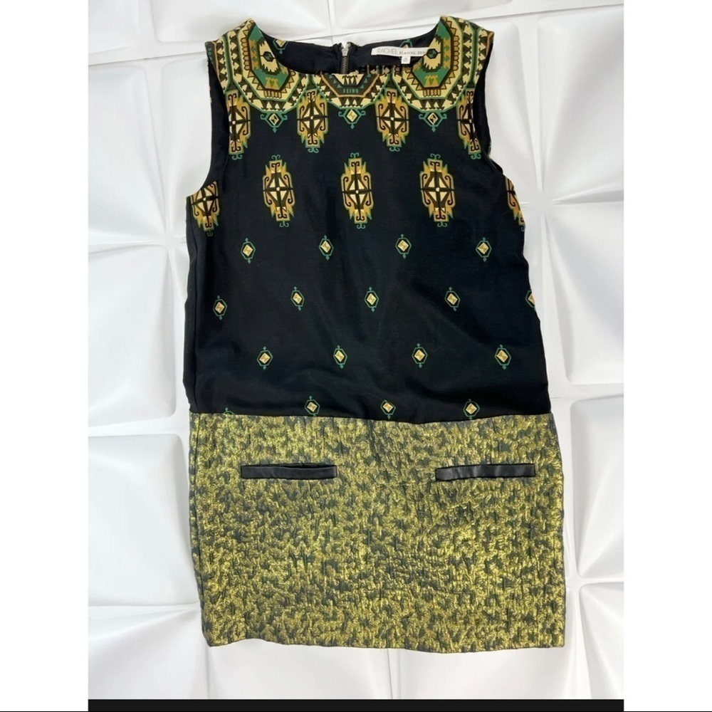 Rachel Roy Sz M Black Gold Jacquard Drop Waist Indian Print Mini Dress
